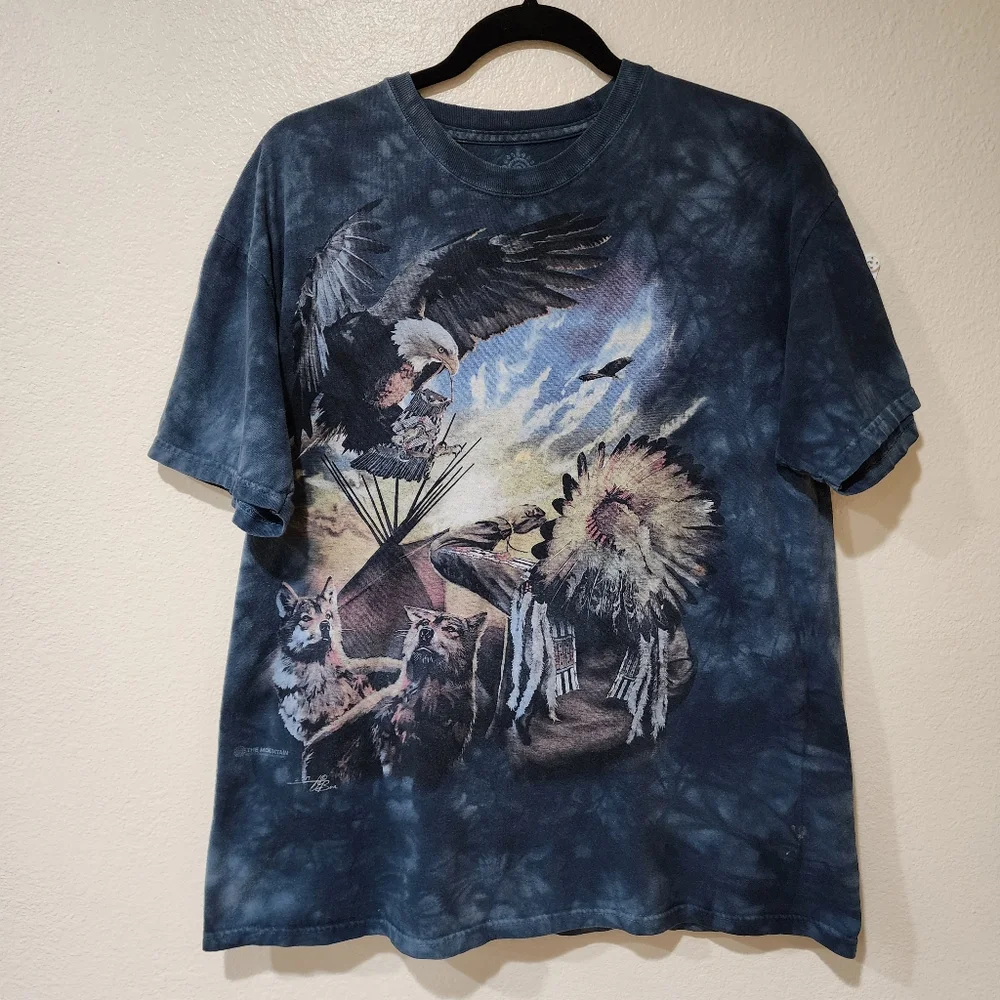 The Mountain Tee Shirt Warrior Eagle Wolf Short Sleeve Tie Dye size Large